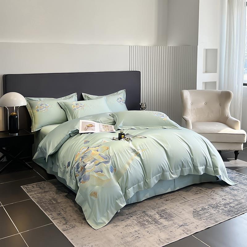 新款轻奢风100s精疏长绒棉纯色刺绣轻奢床单款四件套工厂贸易