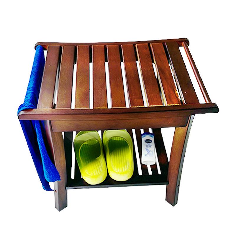 实木浴室凳新款家用带扶手双层置物凳卫生间泡脚凳柚木洗澡凳子