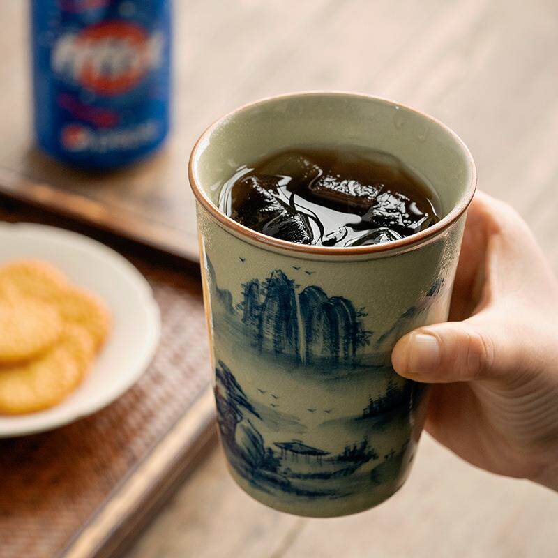 老陶泥冰裂千里江山可乐杯唯心造手工茶具陶瓷手握杯茶杯子家用