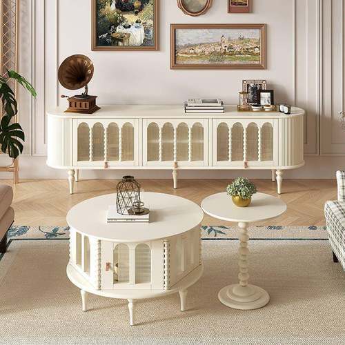 上翻门实木电视柜小户型中古风烤漆收纳储物柜一体复古法式奶油风