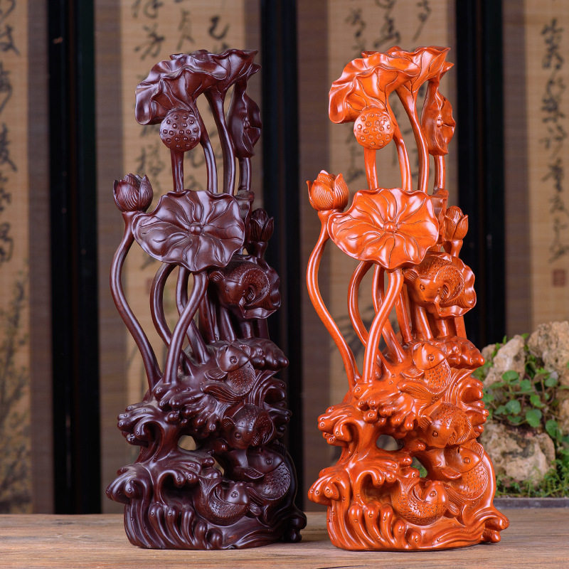 实木年年有余木雕莲花工艺品鱼摆件客厅家居乔迁新居中式装饰品