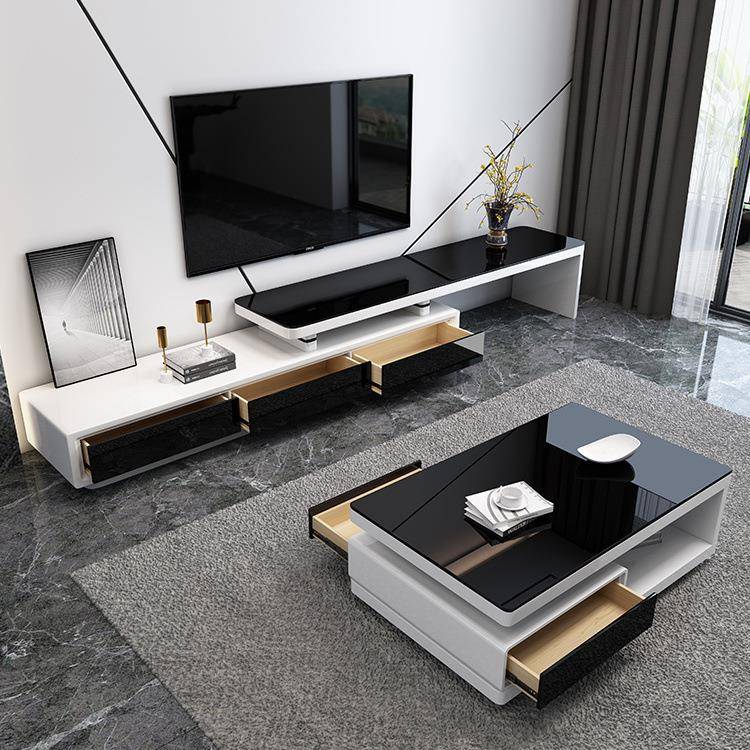 高端意式茶几电视柜组合现代简约客厅小户型钢化玻璃茶几岩板伸缩