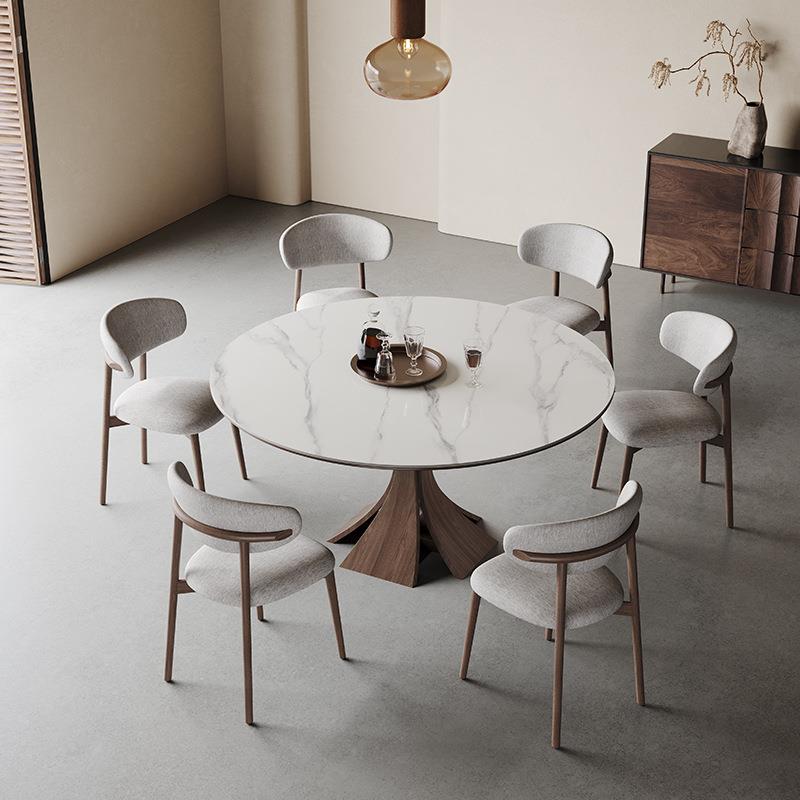 北欧实木餐桌圆形带转盘6人家用现代简约意式高端亮光岩板圆餐桌