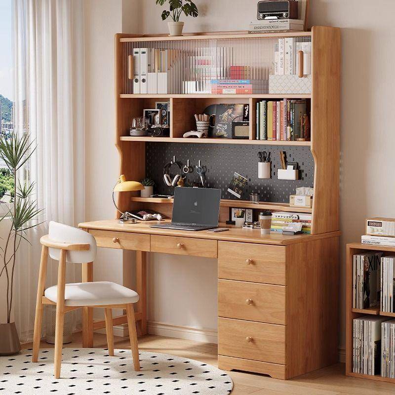 北欧实木书桌书架一体学生家用多功能洞洞板学习桌书柜组合电脑桌