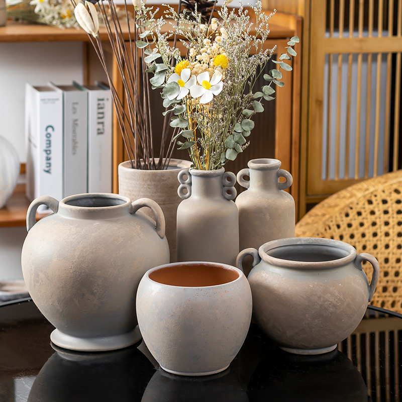 陶瓷花瓶红陶复古摆件陶土花插(暖春系列花插2)
