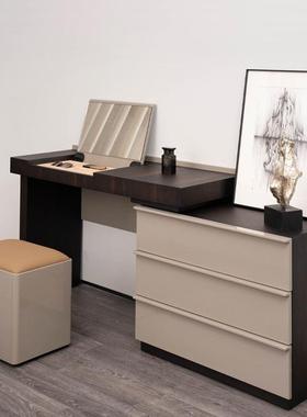 意式极简卧室梳妆台高端实木烟熏色化妆台收纳柜抽屉柜一体可拉伸