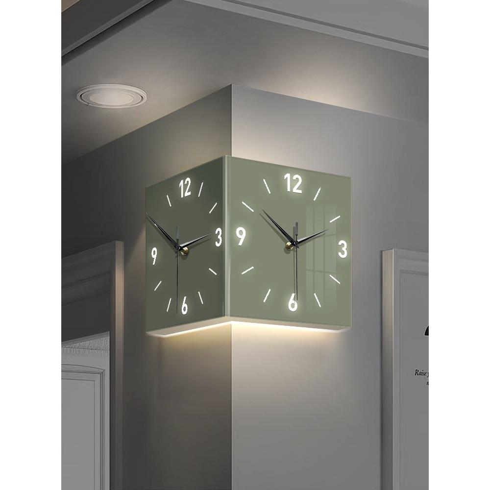 免打孔转角钟双面挂钟家用客厅创意极简现代阳角钟发光时钟壁灯画