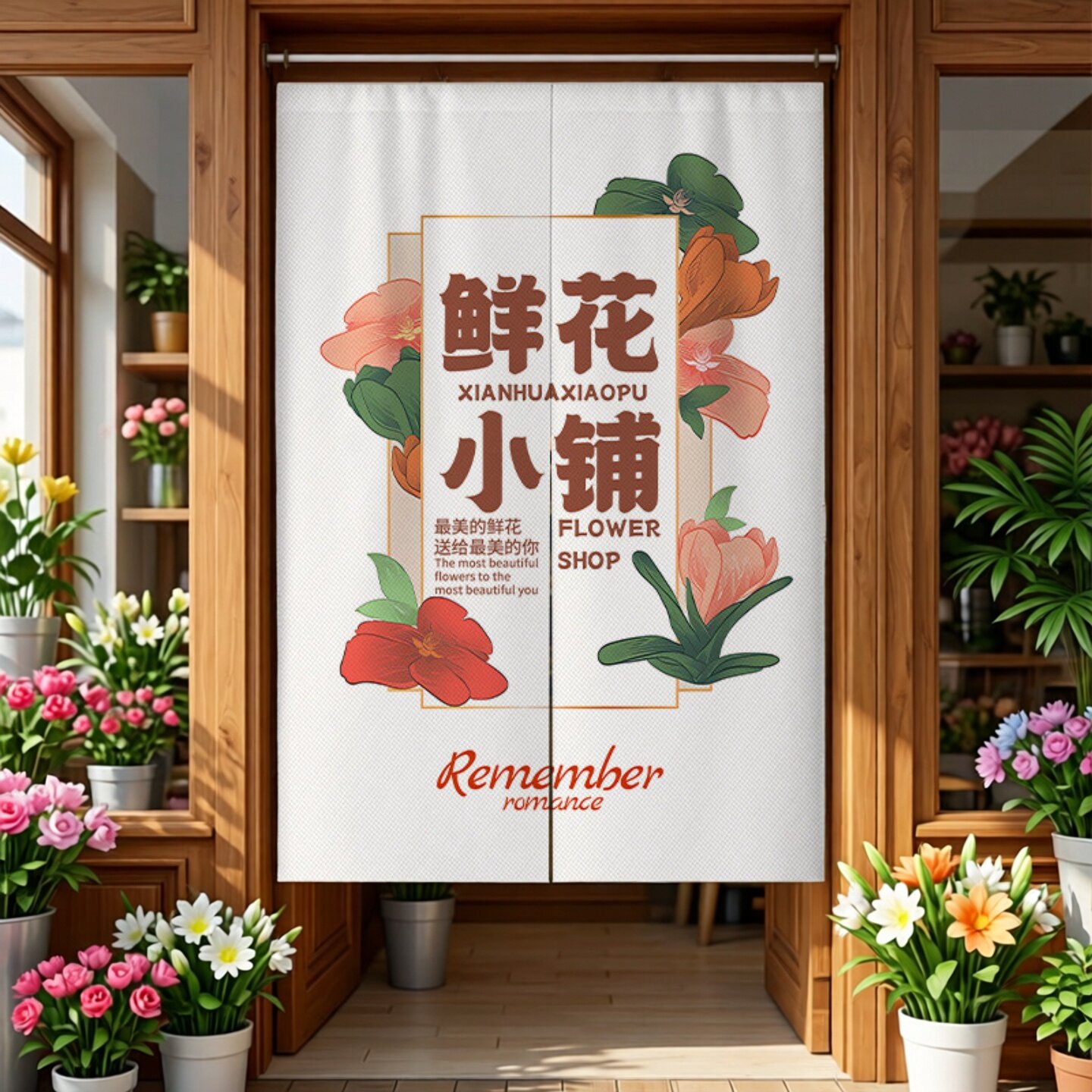 鲜花花店门帘遮挡帘商用花艺布帘子隔断帘店铺遮挡杂物免打孔半帘