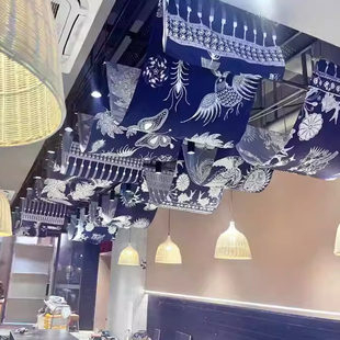 民族风天幕挂布扎蜡染蓝酒馆火锅烧烤店吊顶天花板氛围长条装饰布
