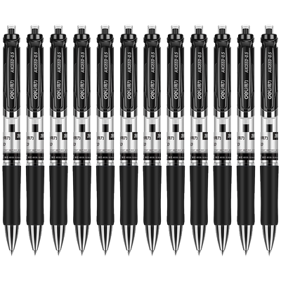 得力按动笔中性笔水笔学生用考试按压式子弹头碳素黑色水性签字笔芯0.5mm圆珠笔蓝黑红笔教师办公文具用品