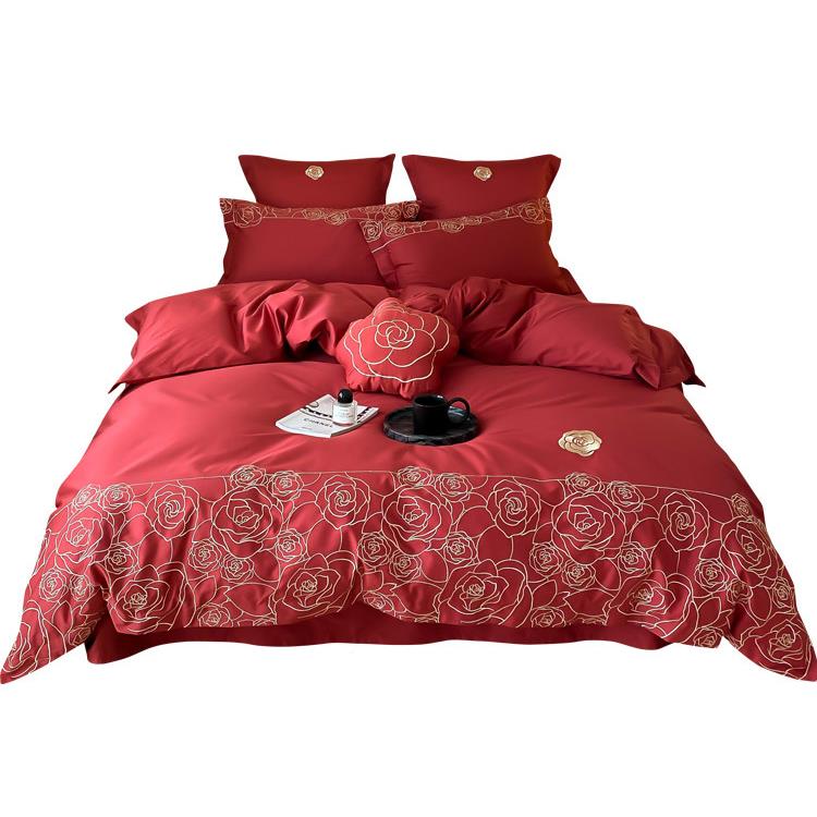 漫婚庆010ST1贡缎长绒浪棉四件套轻风刺绣全棉结婚奢被套床上用品