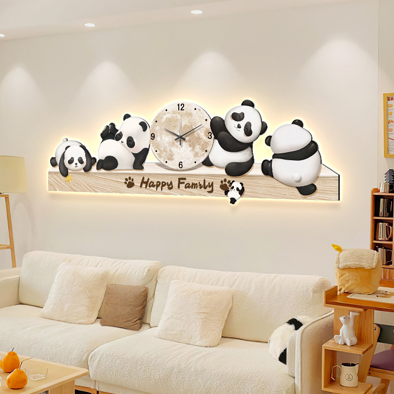 奶油风沙发背景墙装饰画客厅挂画带钟表熊猫儿童房壁画
