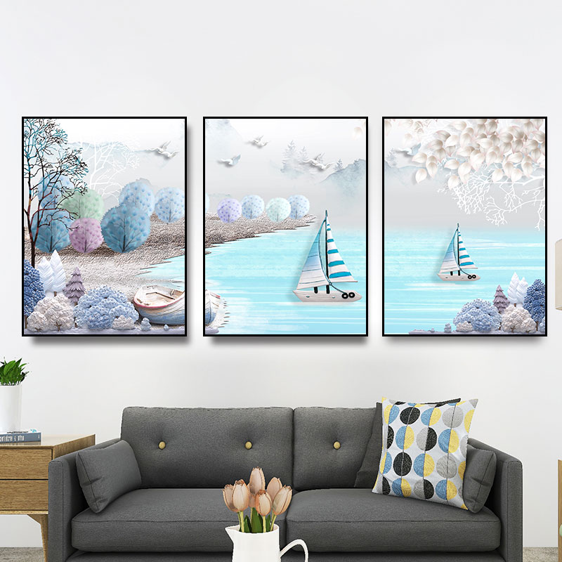 现代海景风景浮雕客厅装饰画地中海风格沙发背景墙壁挂画