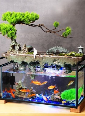 创意招财金鱼缸新客厅装饰假山循环流水生财