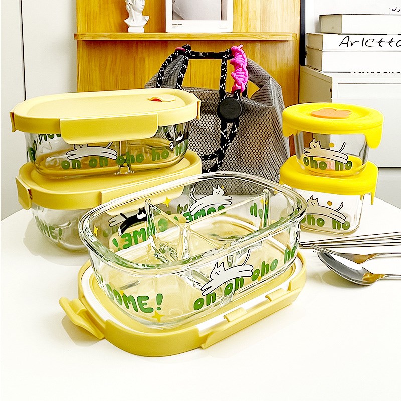 硼硅饭盒微波炉加热保鲜碗上班族分隔便当带饭带盖餐具
