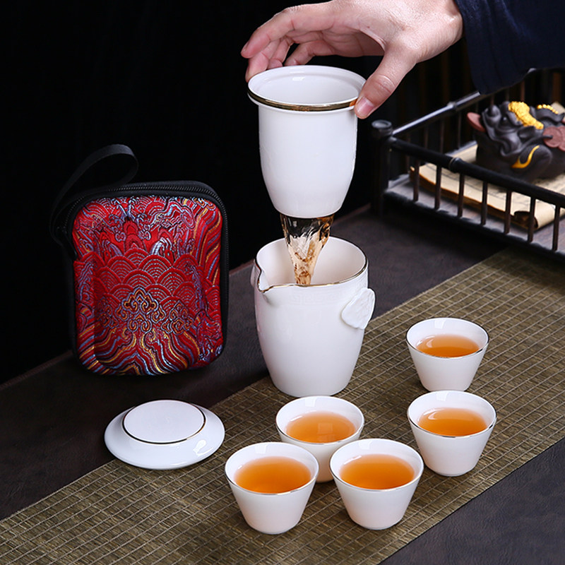旅行茶具一壶杯五杯防烫羊脂玉白瓷式包装快客杯