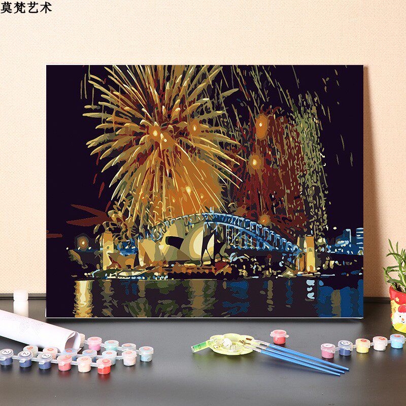 数字油画填充手工澳大利亚悉尼歌剧院的烟火填色手绘油彩画画