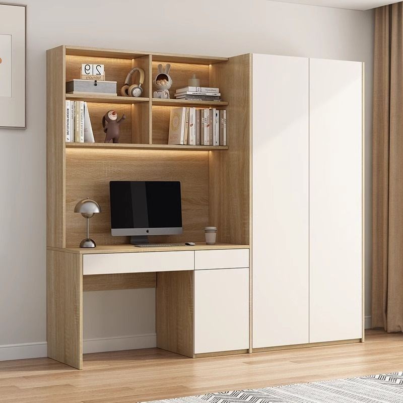 衣柜实木带c书桌二合一电脑桌书柜组合小户型家用卧室大衣橱子定