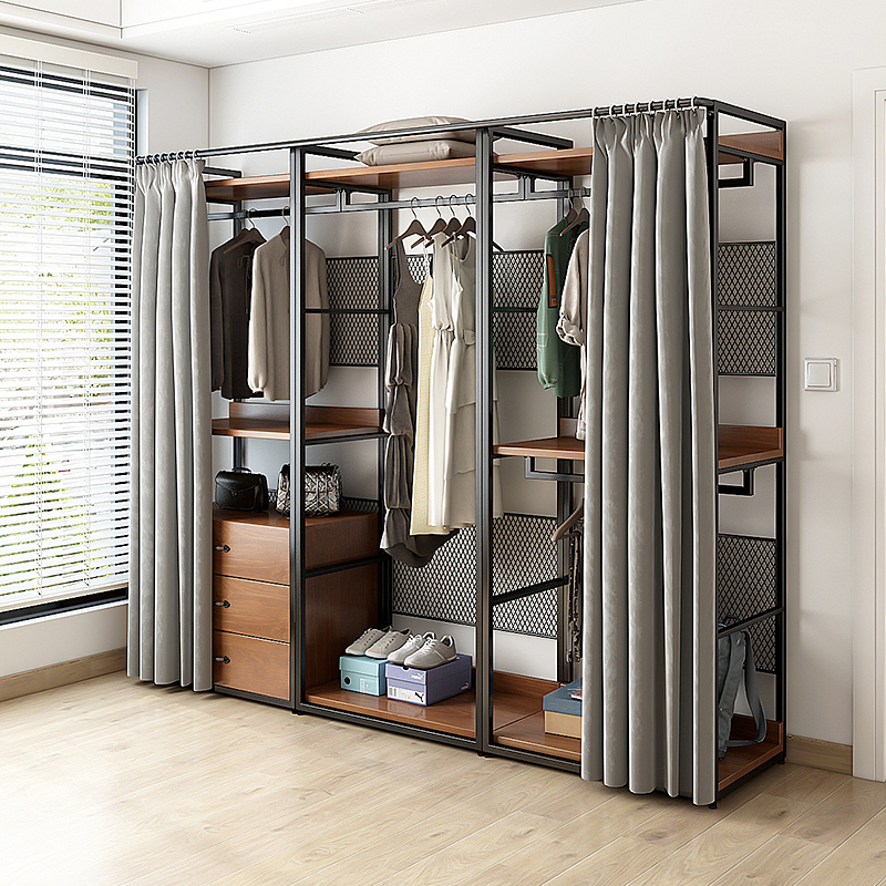 步入式衣柜架衣帽间m置物架金属铁艺开放式衣架卧室落地挂衣架帘