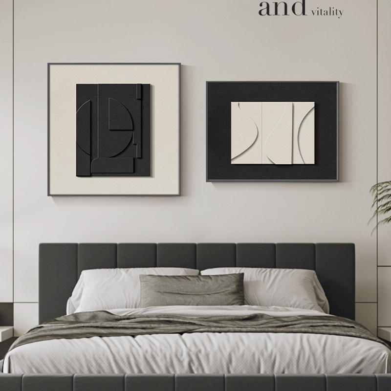 黑白灰主卧室床头挂画p高级感抽象几何现代简约餐厅客厅沙发装饰