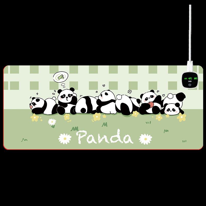 卡通可爱熊猫加热桌垫暖桌鼠标垫超大发热键盘垫防水皮革电脑垫大