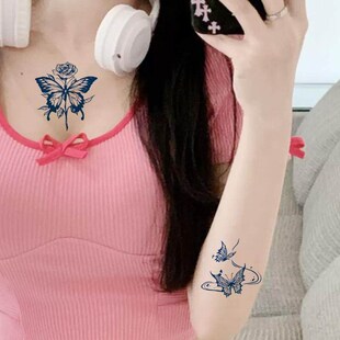 蝴蝶植物草本纹身贴防水女持久不反光半永久锁骨手臂腰甜酷高级感