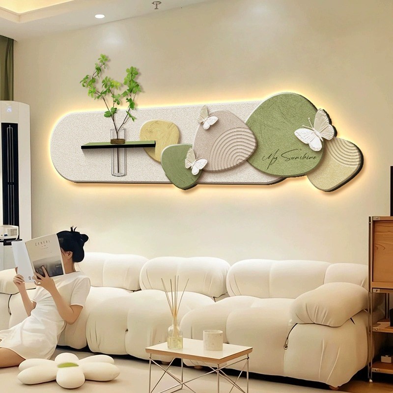 奶油风客厅装f饰画水培绿植led灯光壁画高级感横版沙发背景墙挂画
