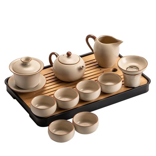 米黄汝窑功夫茶具套装2024新款家用轻奢高档陶瓷茶杯盖碗茶壶泡茶