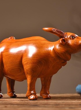 花梨木雕牛摆件牛气冲天实木v黄牛工艺品十二生肖动物客厅开业送