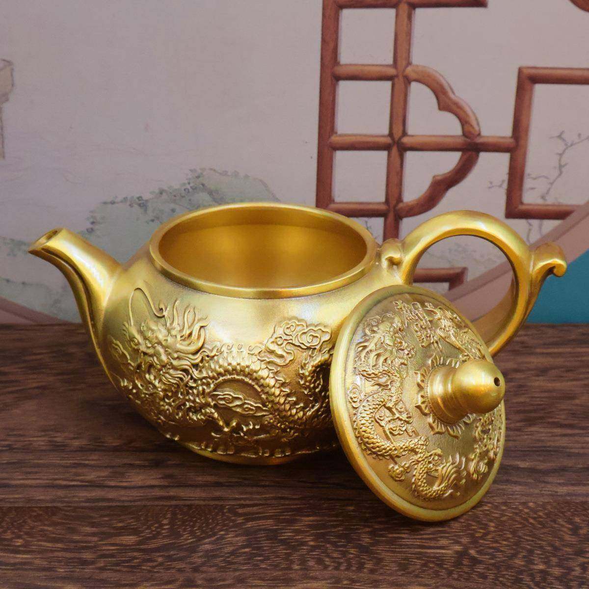 黄铜龙凤茶壶浮雕创意茶具家居办公会客茶几装饰桌面摆件铜工艺品