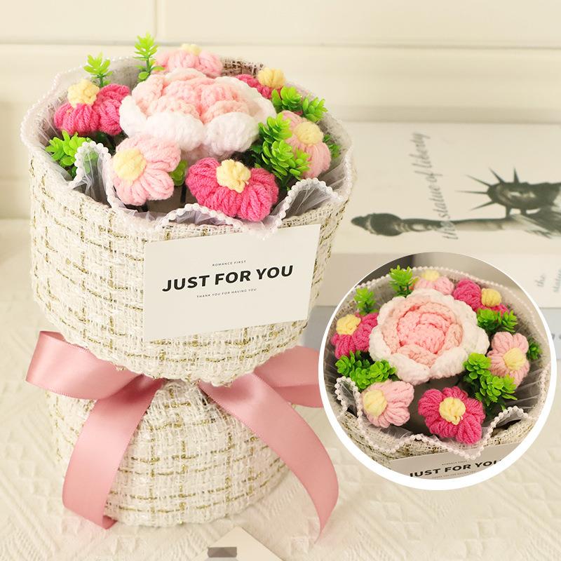 七夕节毛线手工编织花束成品毕业礼物针织永生花钩织仿真花束