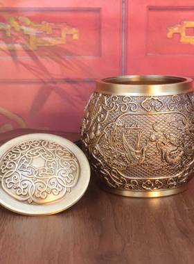 黄铜百福聚宝盆米缸茶叶罐办公室桌面小摆件烟灰缸茶桌书房装饰品