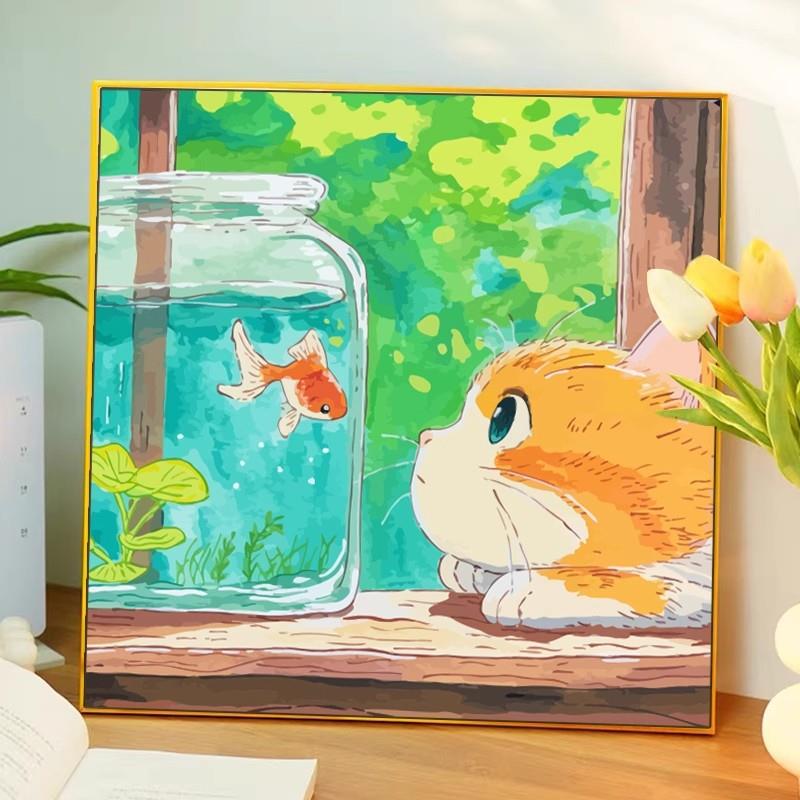 夏日猫咪装饰画 画卡通可爱动物小清新治愈卧室客厅儿童房背景挂