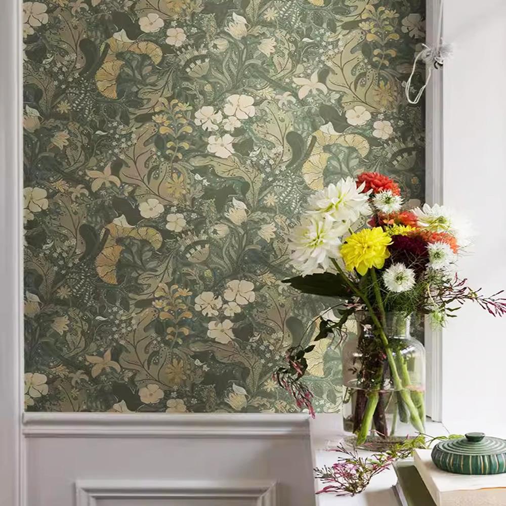 轻法式复古壁纸卧室军绿色植物花卉电视影楼背景墙布加厚壁布高级