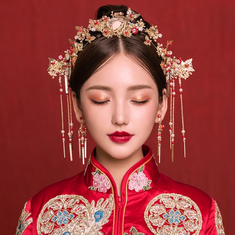 红色秀禾服中式新娘头饰2023新款女大气结婚发饰高级感敬酒服金色