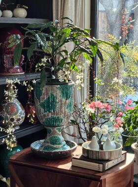 手压红陶粗陶大号绿色釉面奖杯垂丝茉莉三角梅花盆