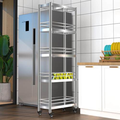 德国304不锈钢夹缝置物架厨房缝隙架收纳移动推车多层超窄围栏款