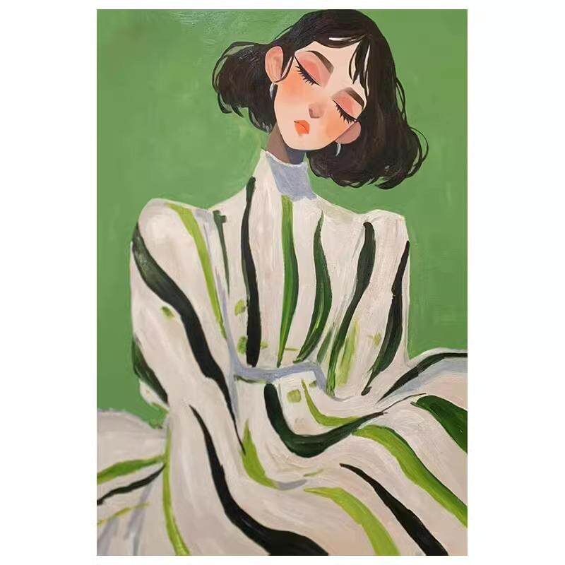 《淑女》抽象人物黑白线条客厅装饰画绿色系小众中古慵懒少女挂画