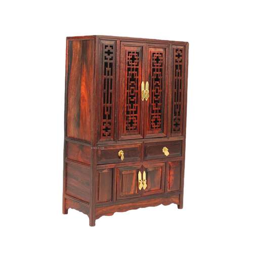 红木雕工艺品明清微型缩中式小家具模型红酸枝花窗柜底座摆件