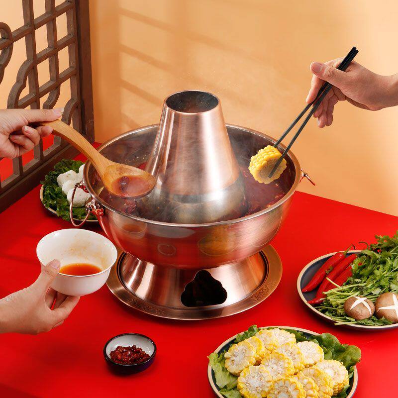 加厚老北京老式不锈钢仿铜火锅涮羊肉锅家用饭店户外复古木炭火锅