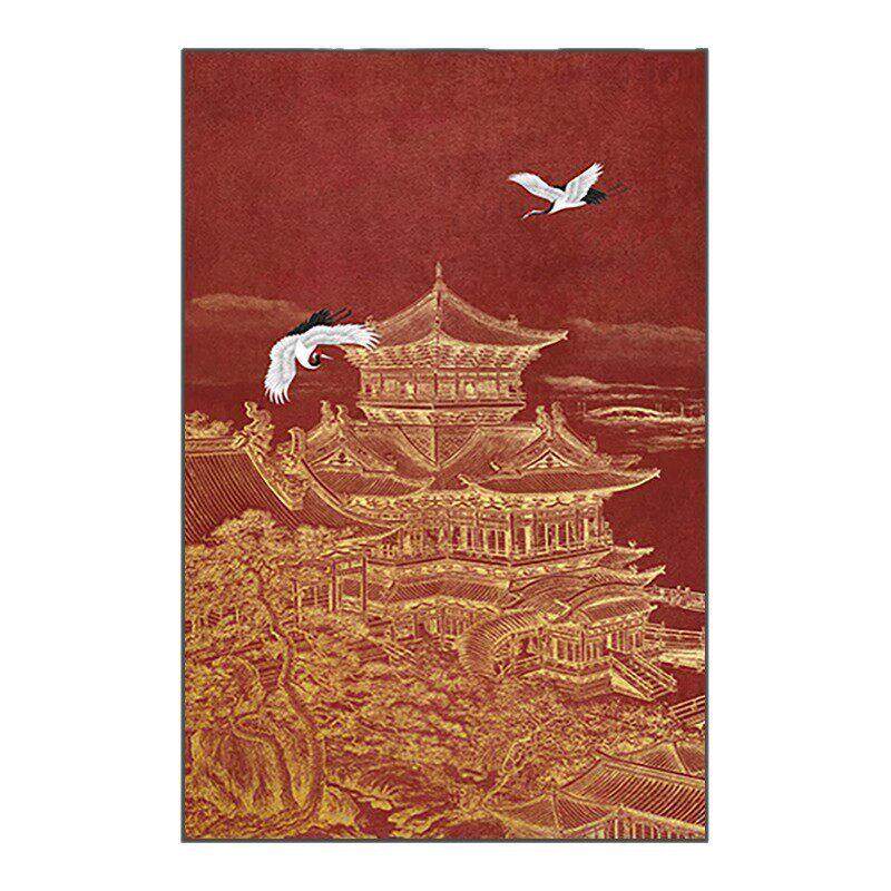 新中式装饰画客厅玄关壁画红色阁楼仙鹤肌理艺术竖版走廊过道挂画