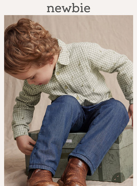 Newbie瑞典进口童装春夏儿童有机棉格纹恐龙刺绣衬衫开衫上衣简约