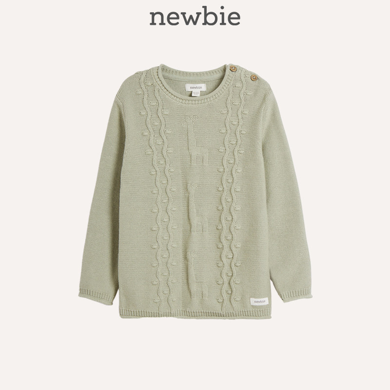 Newbie瑞典童装春夏儿童绿色长颈鹿花纹编织套头长袖毛衣