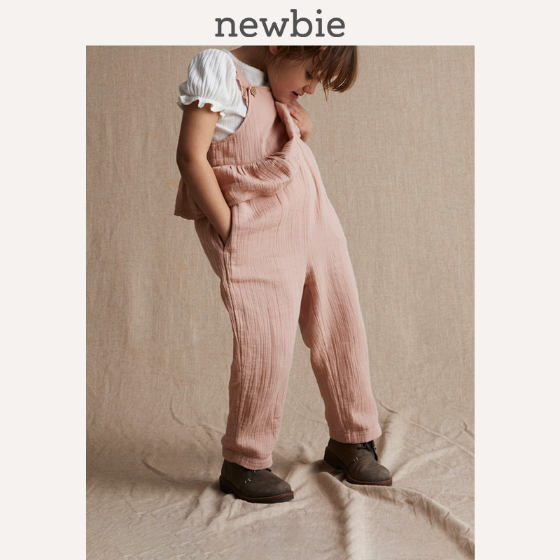 Newbie瑞典进口童装春秋儿童有机棉玫瑰粉连体梭织背带裤简约甜美