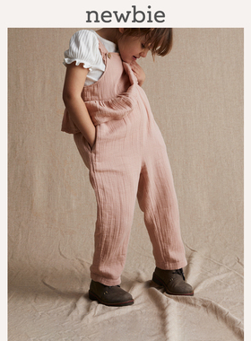 Newbie瑞典进口童装春夏儿童有机棉玫瑰粉连体梭织背带裤简约甜美