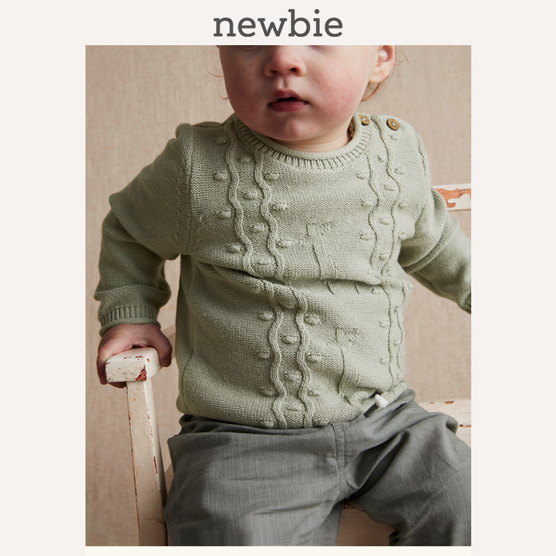 Newbie瑞典童装婴儿有机棉绿色简约长颈鹿编织套头毛衣长袖毛衣
