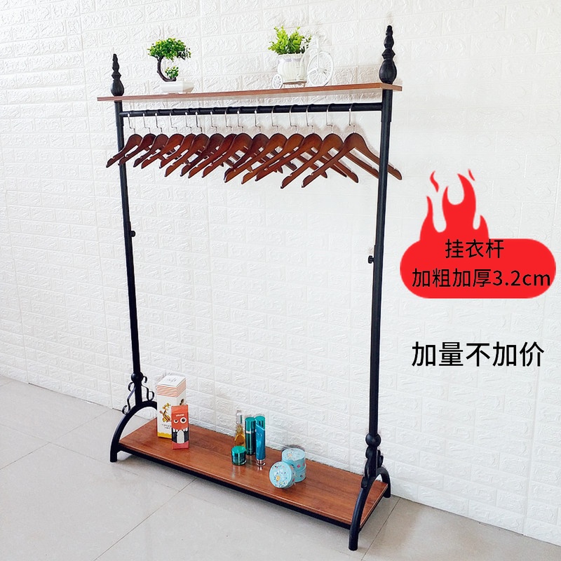 铁艺双层木板服装店衣架展示货架落地式放地上伸缩单杠中岛挂衣架