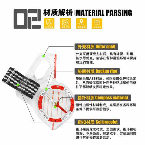 新款直销弹力绳定向户外 精准强磁指南针指北针地图尺 专业绘图比