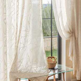 新款直销法式浮雕棕树叶羽毛纱帘窗纱白纱飘逸奶茶色飘窗阳台柯桥