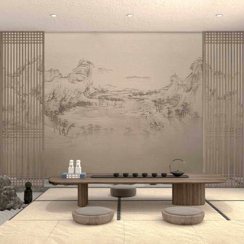 新款直销新中式简约山水电视背景墙墙布墙纸客厅茶室书房卧室壁布